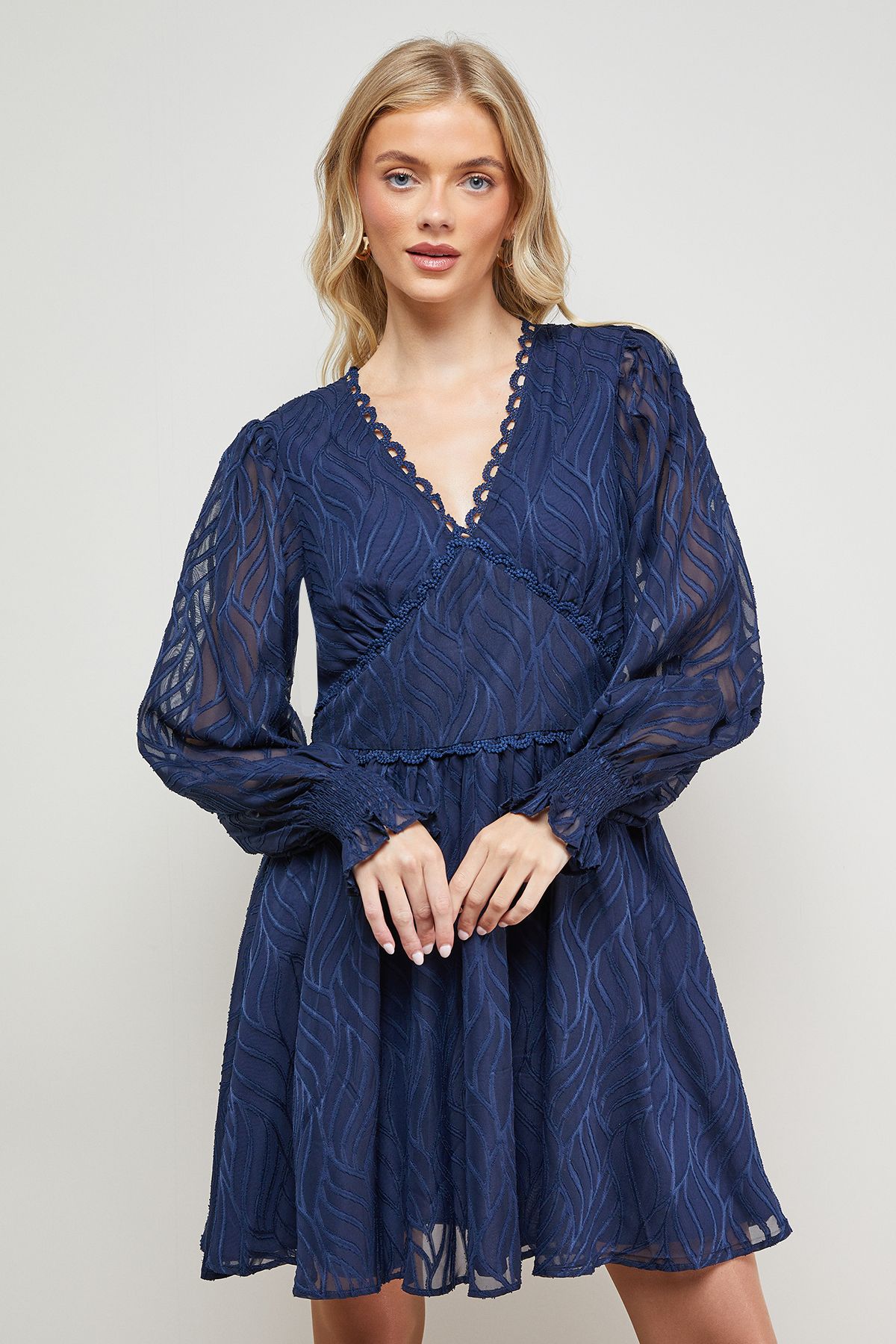 Oasis Animal Jacquard Trim Detail Balloon Sleeve Mini Dress Navy image 2