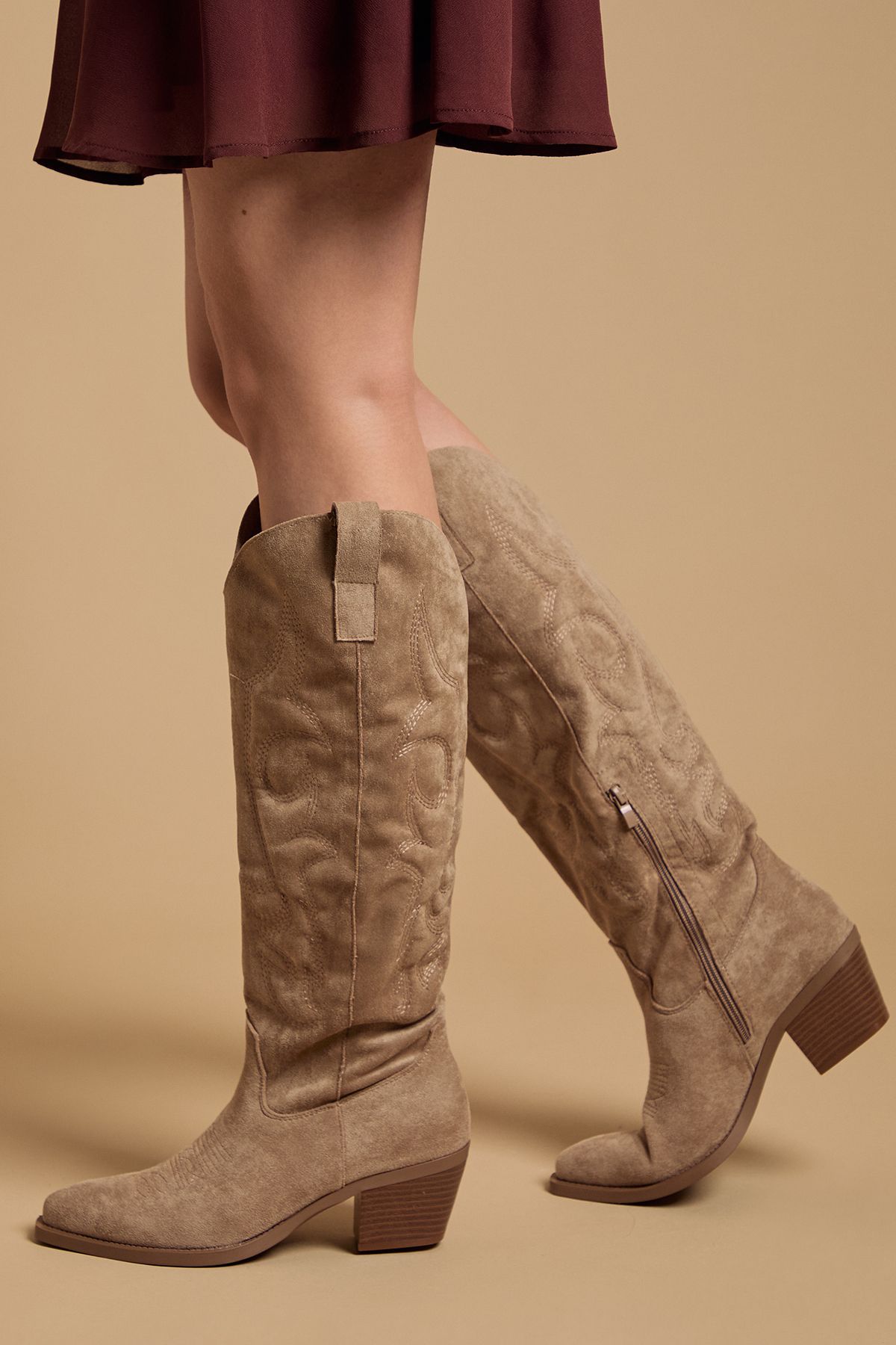 Oasis Jess Faux Suede Embroidered Western Knee Boots Taupe image 1