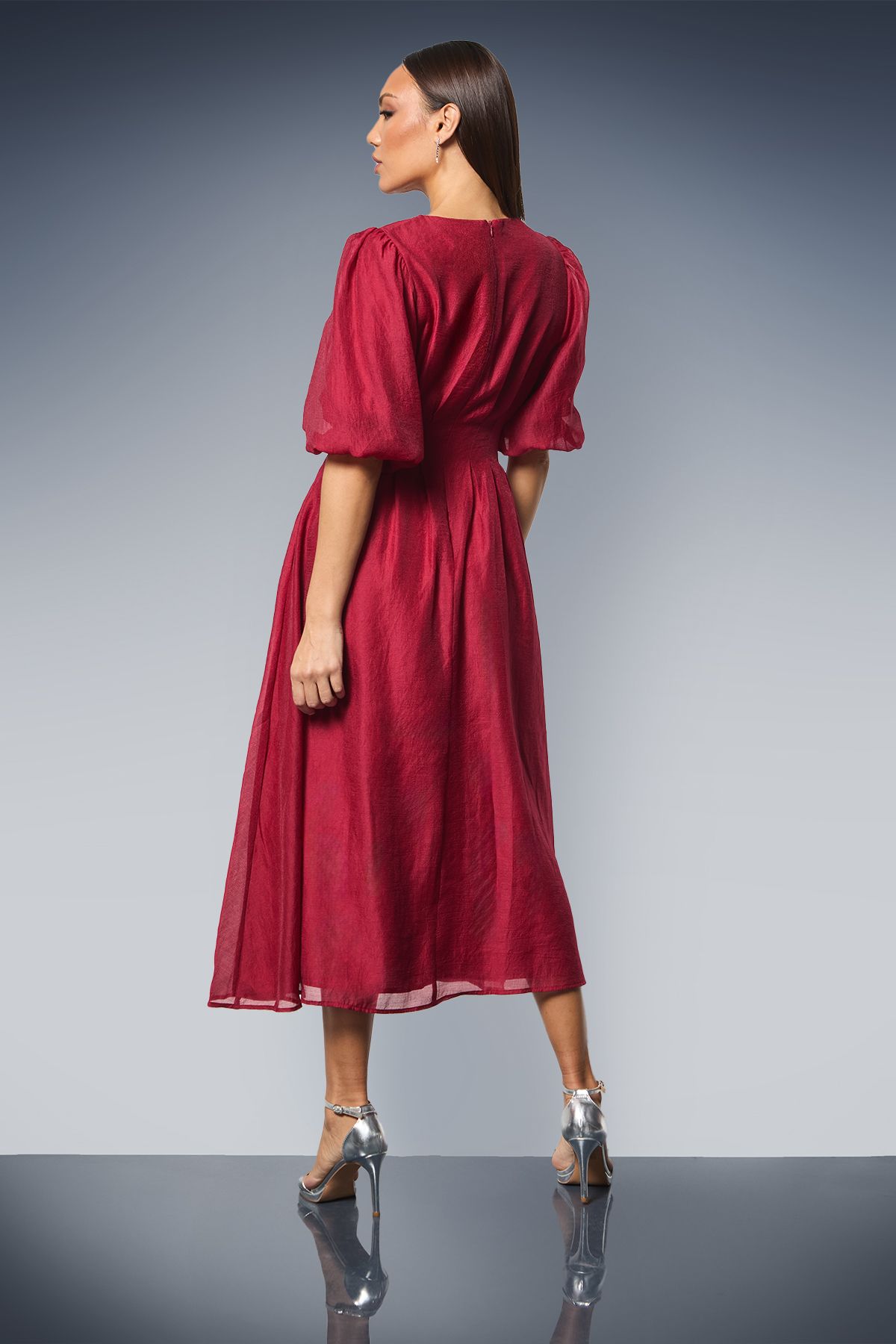 Principles Wine Pleat Waist Organza Midi Dress Wine image 3
