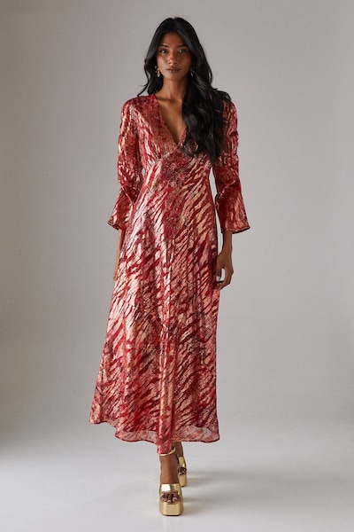 Warehouse Metallic Jacquard Ruched Sleeve Plunge Neck Bias Midi Dress Floral