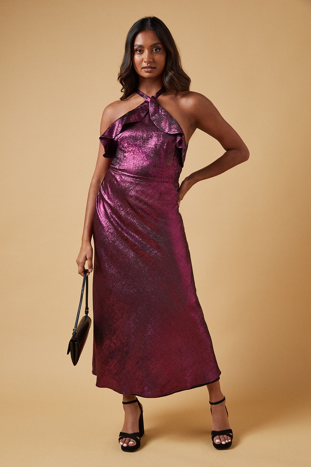 Oasis Foil Halterneck Ruffle Foil Midaxi Dress Pink image 1