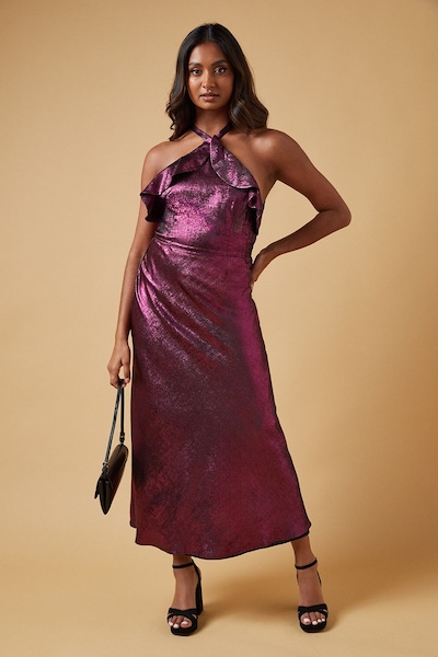 Oasis Foil Halterneck Ruffle Foil Midaxi Dress Pink