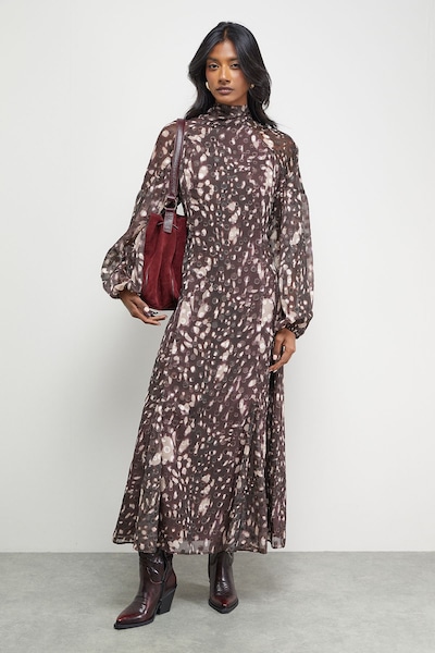 Warehouse Paisley Burnout Spot High Neck Godet Midi Dress Floral