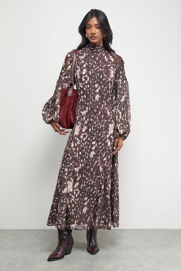 Warehouse Paisley Burnout Spot High Neck Godet Midi Dress Floral