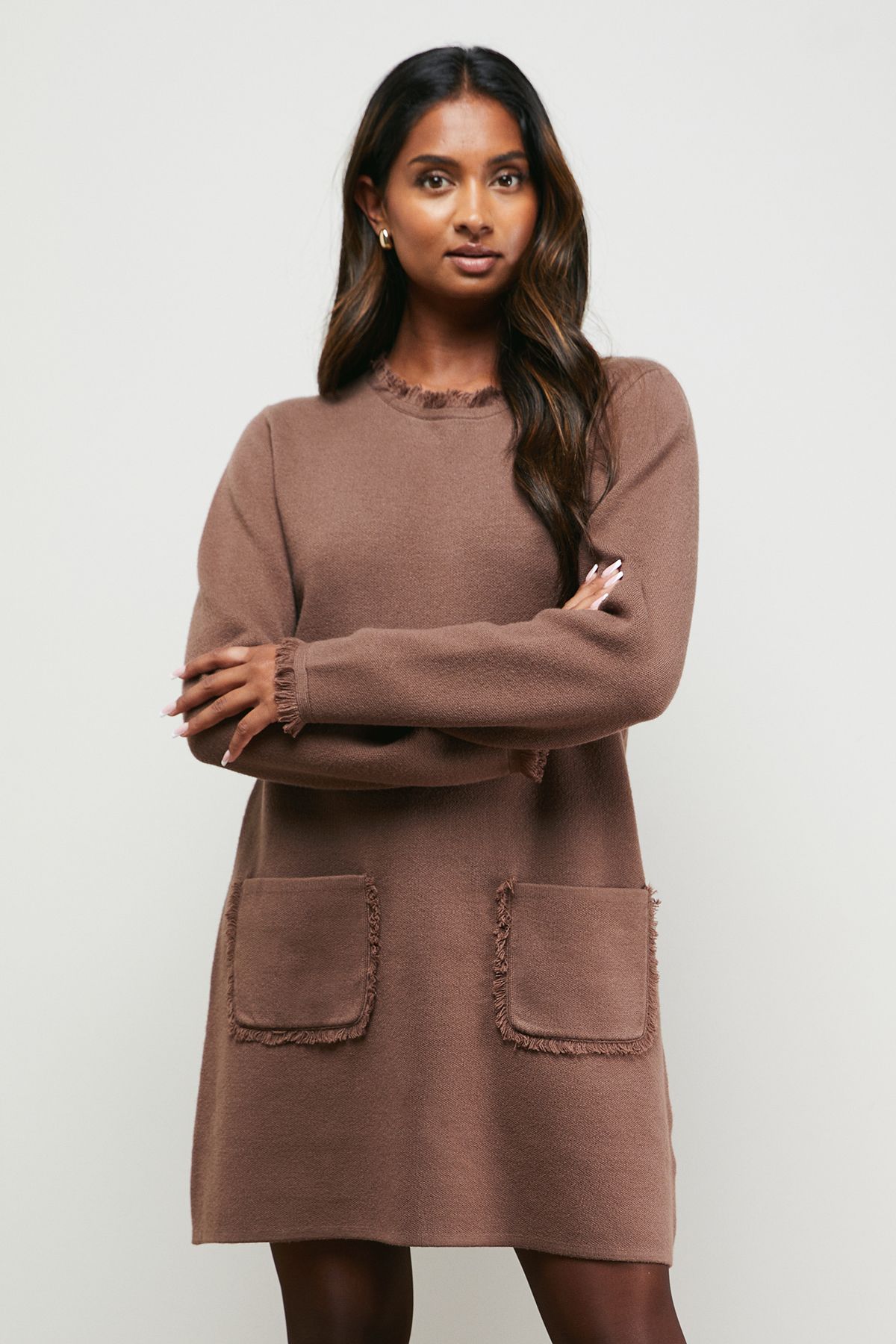 Oasis Fringe Detail Crew Neck Mini Dress Mocha image 2