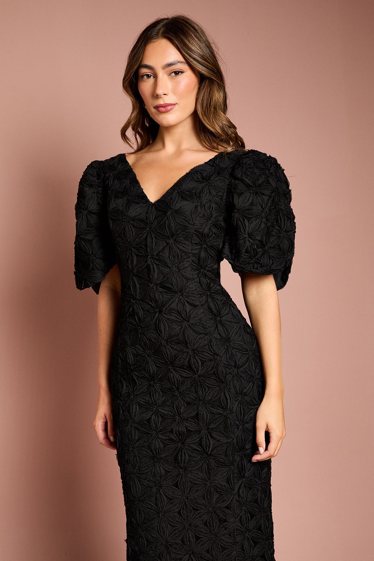 Coast Floral Pleated Sleeve Pencil Dress Black image 2