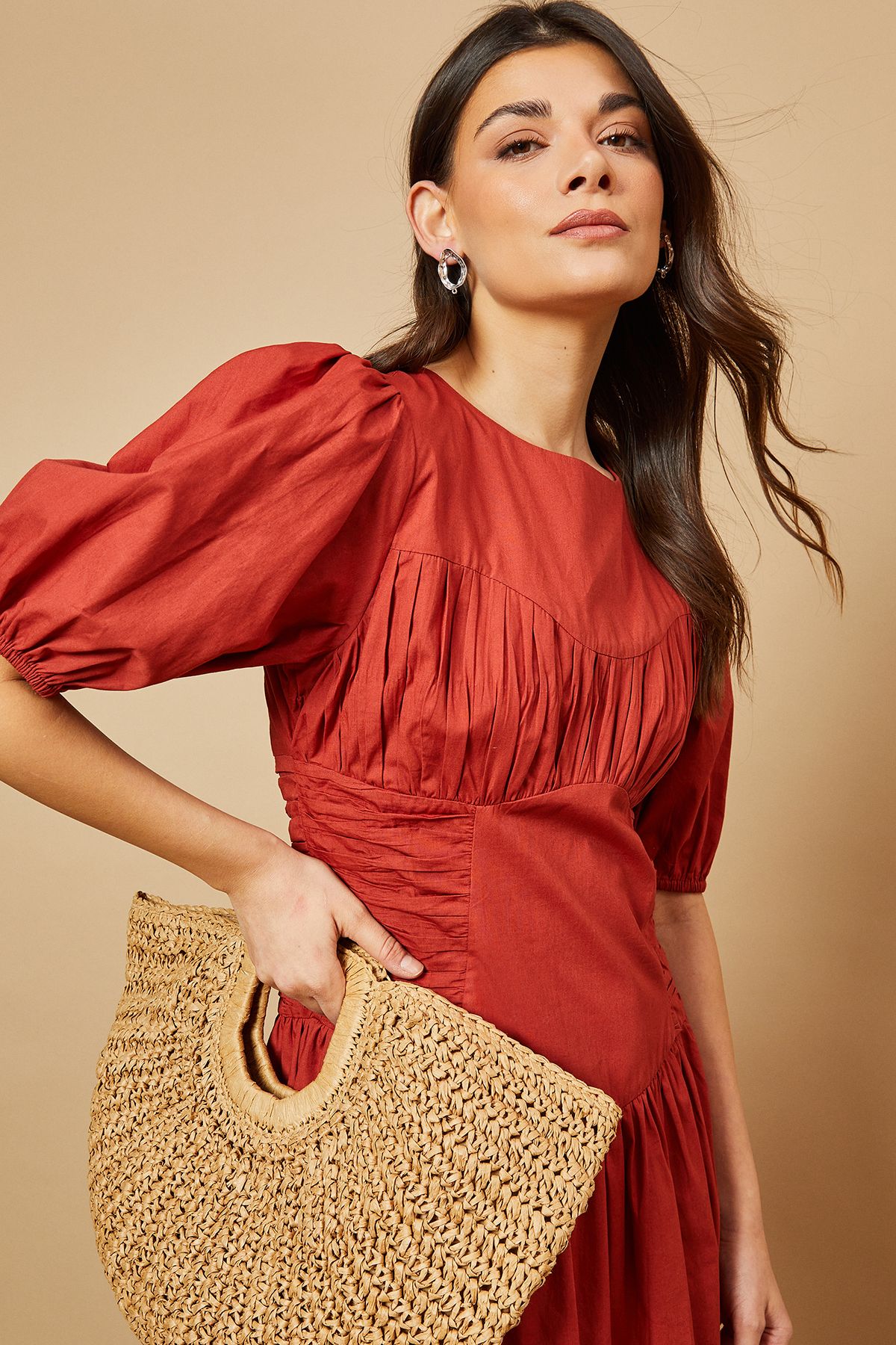 Oasis Poplin Panel Ruched Dress Rust image 2