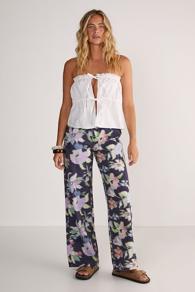 NastyGal Floral Print Denim Wide Leg Jean Black