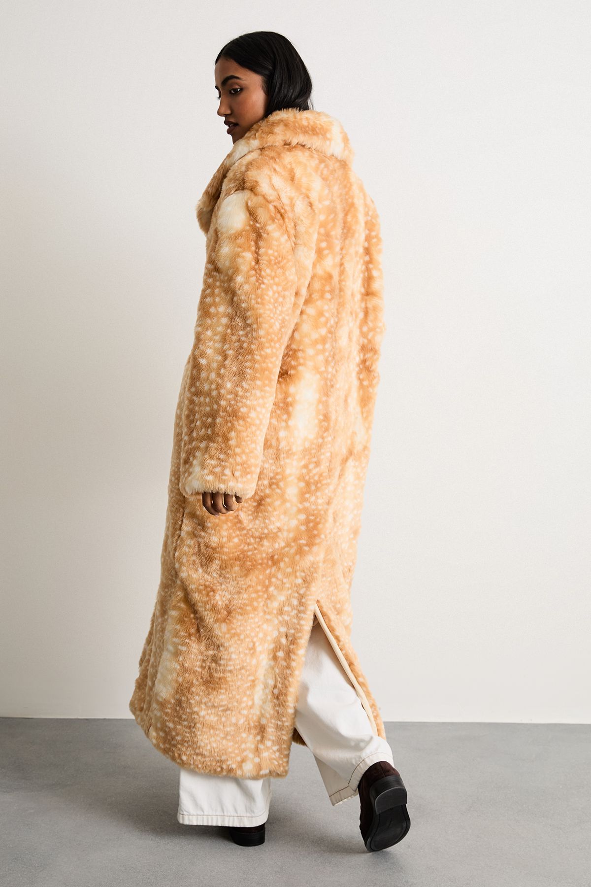 Warehouse Premium Deer Jacquard Faux Fur Coat Tan image 3
