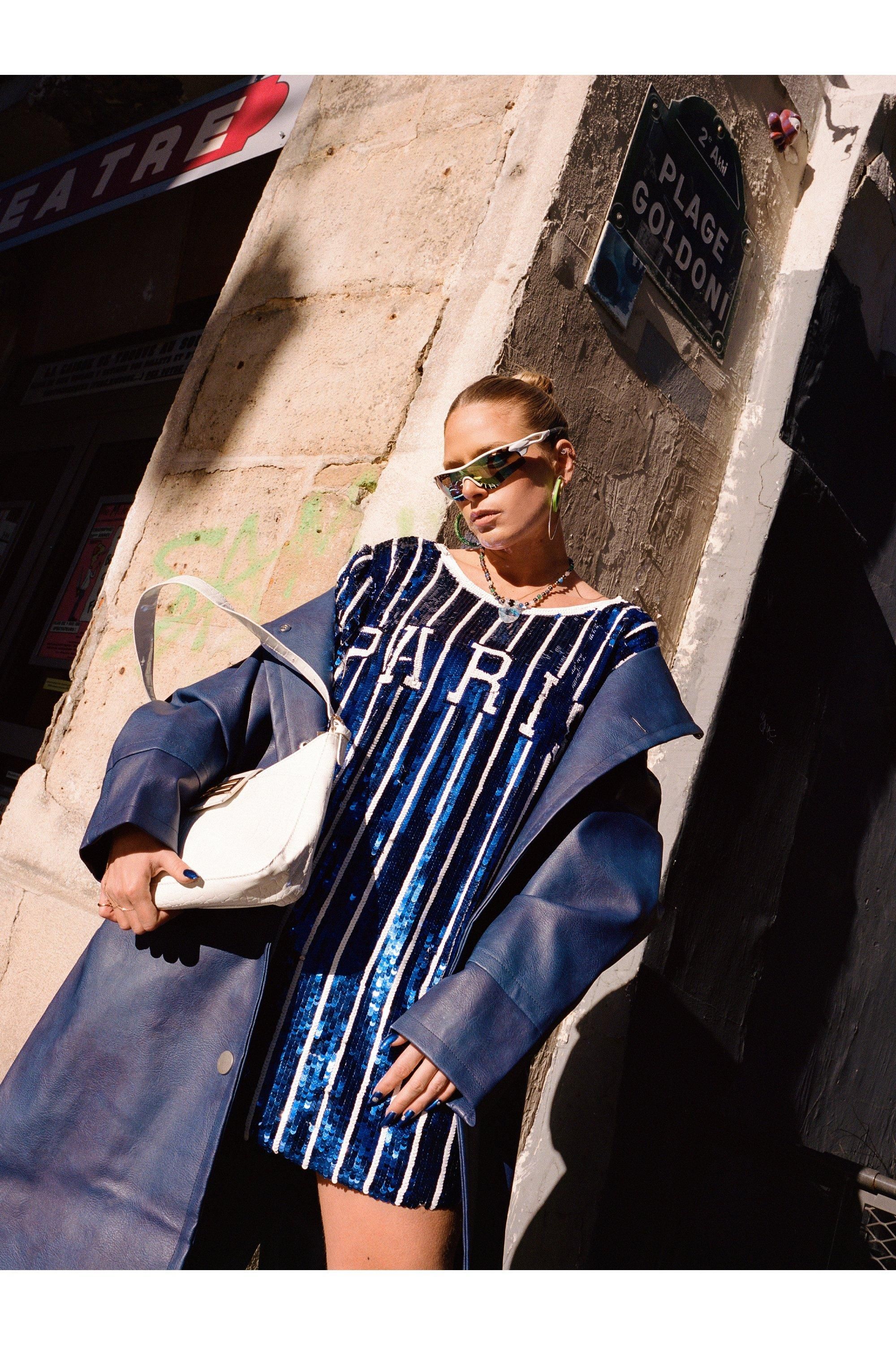 NastyGal Sequin Stripe Baseball Dress Blue image 1