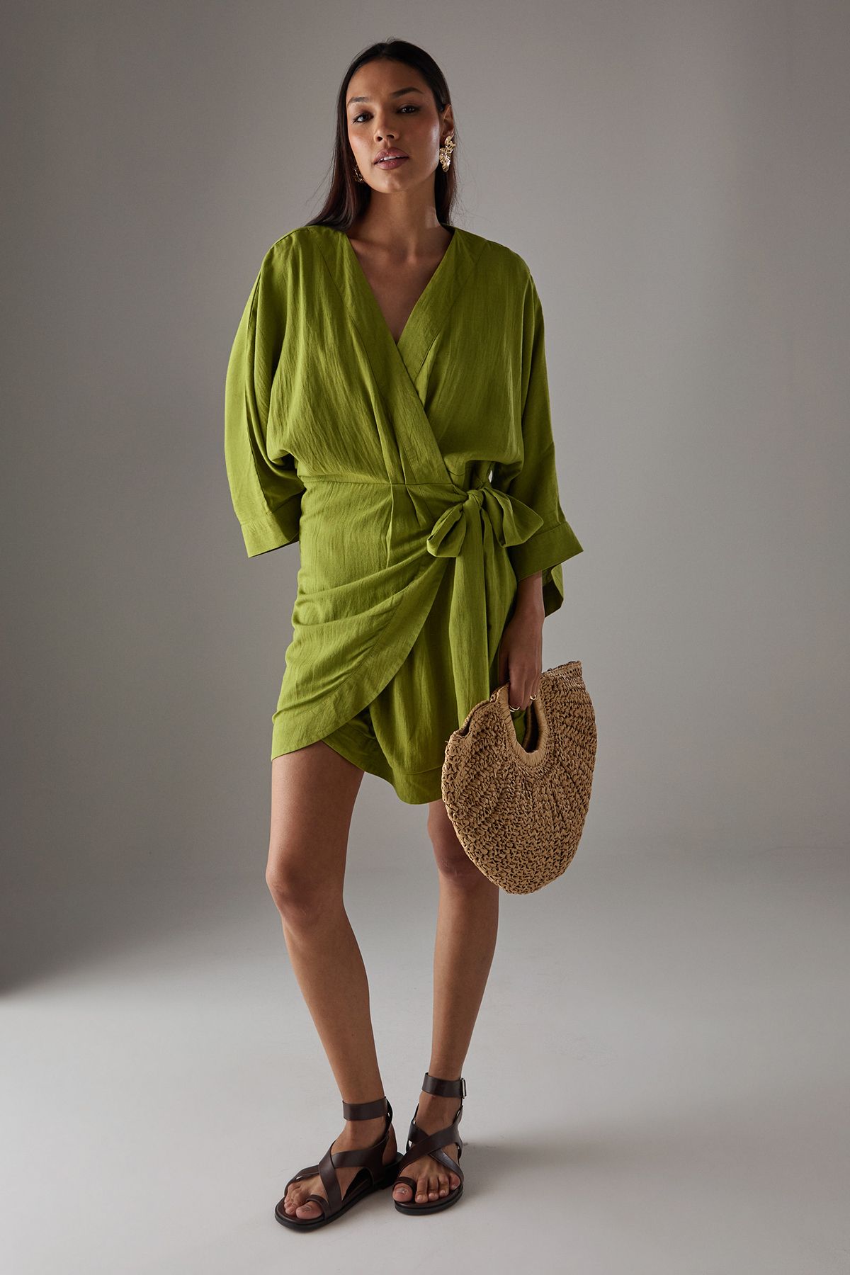 Warehouse Linen Wrap Kimono Mini Dress Chartreuse image 2