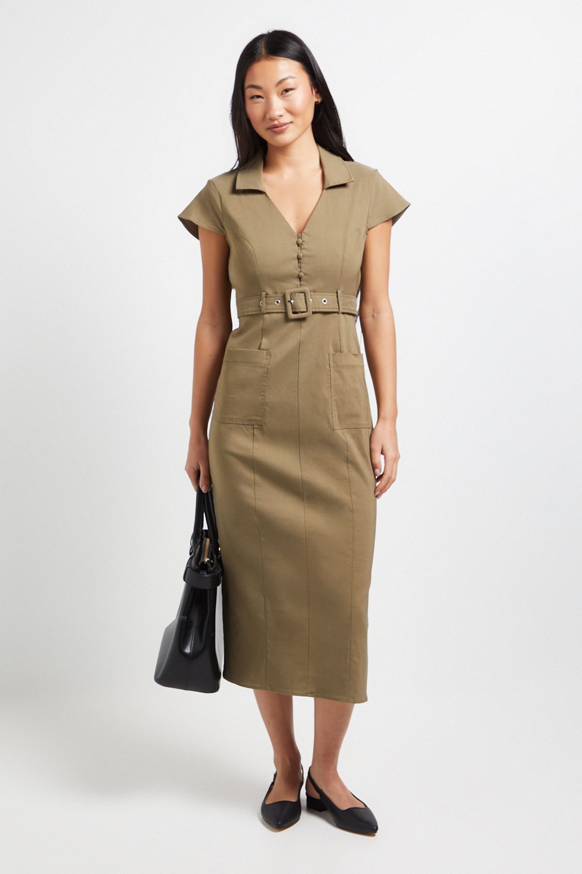 Dorothy Perkins Petite Belted Button Down Midi Dress Khaki image 1