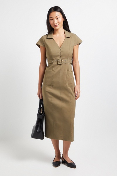 Dorothy Perkins Petite Bengaline Belted Button Down Midi Dress Khaki