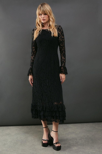 Warehouse Lace Tiered Ruffle Midaxi Dress Black