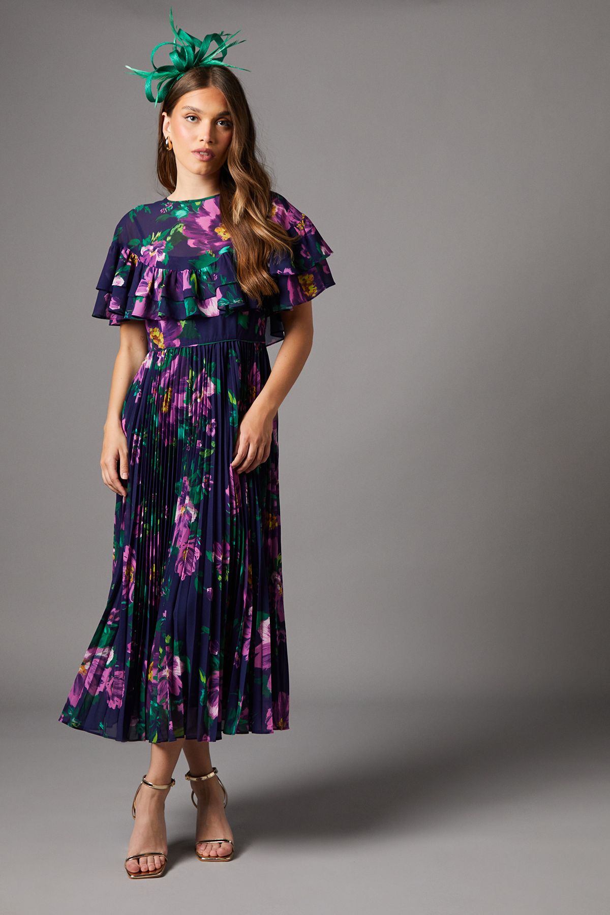 Coast Cape Sleeve Chiffon Midi Dress With Pleated Skirt Navy image 1