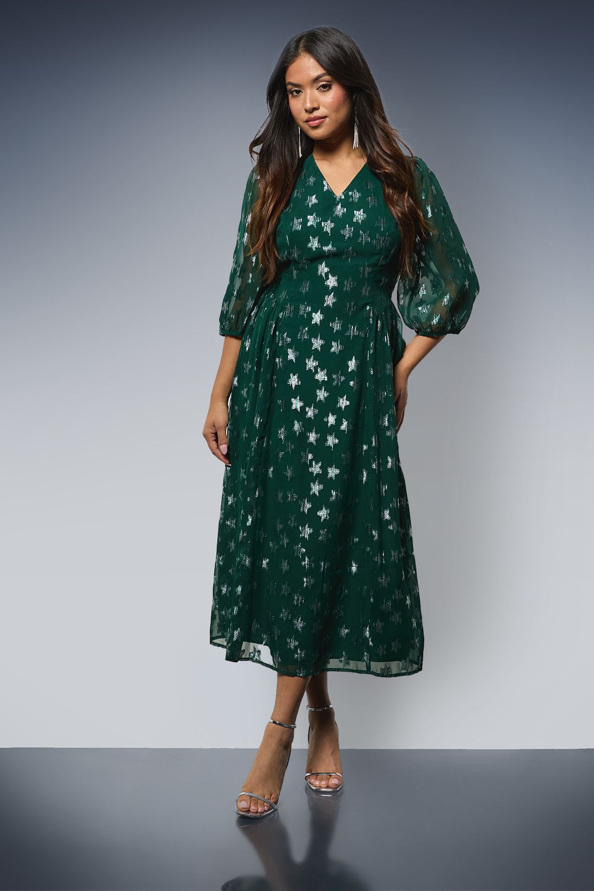 Dorothy Perkins Petite DP Luxe Star Jacquard V Neck Blouson Sleeve Midi Dress Green image 1