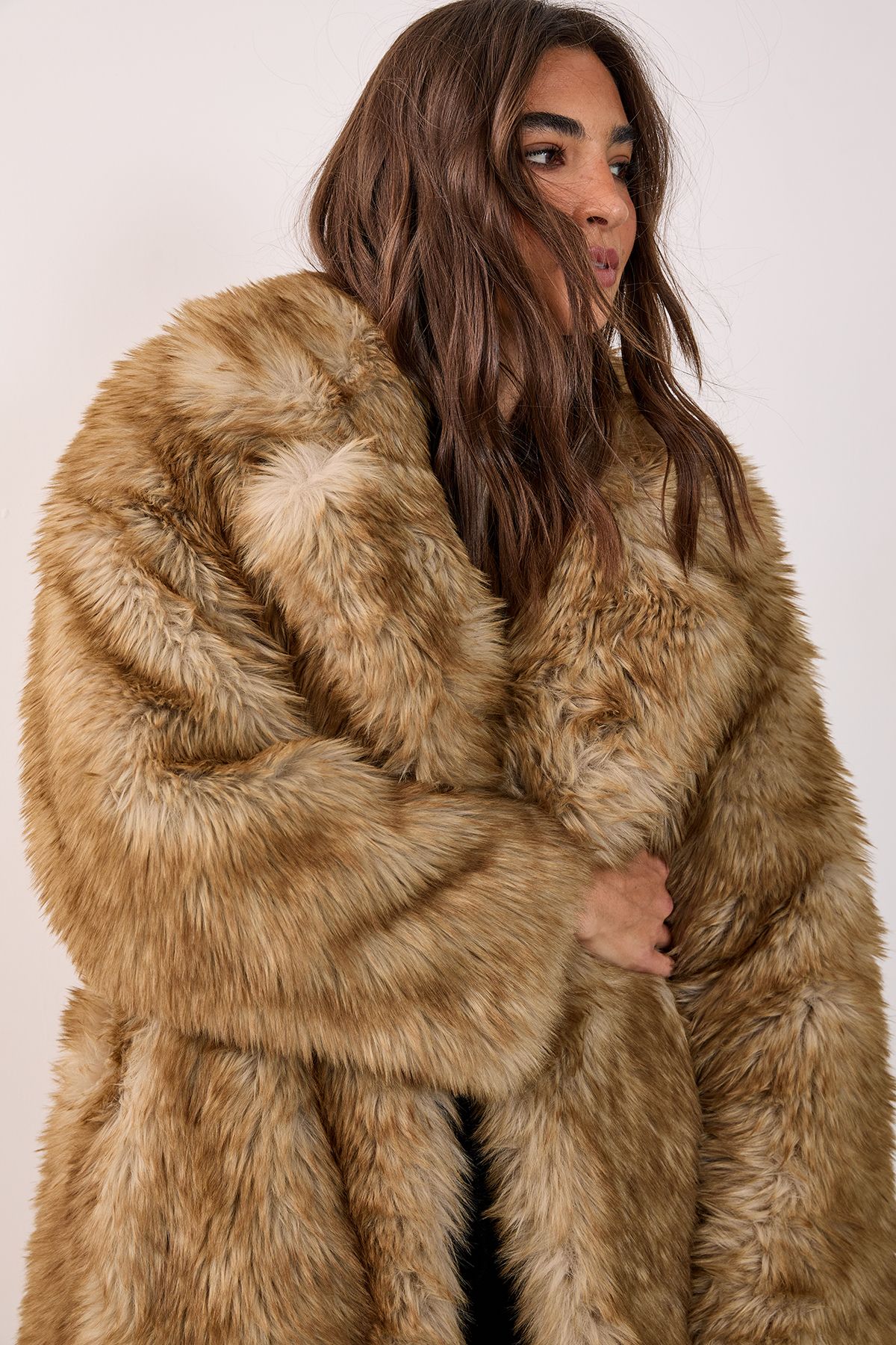 NastyGal Faux Fur Collared Longline Coat Brown image 4