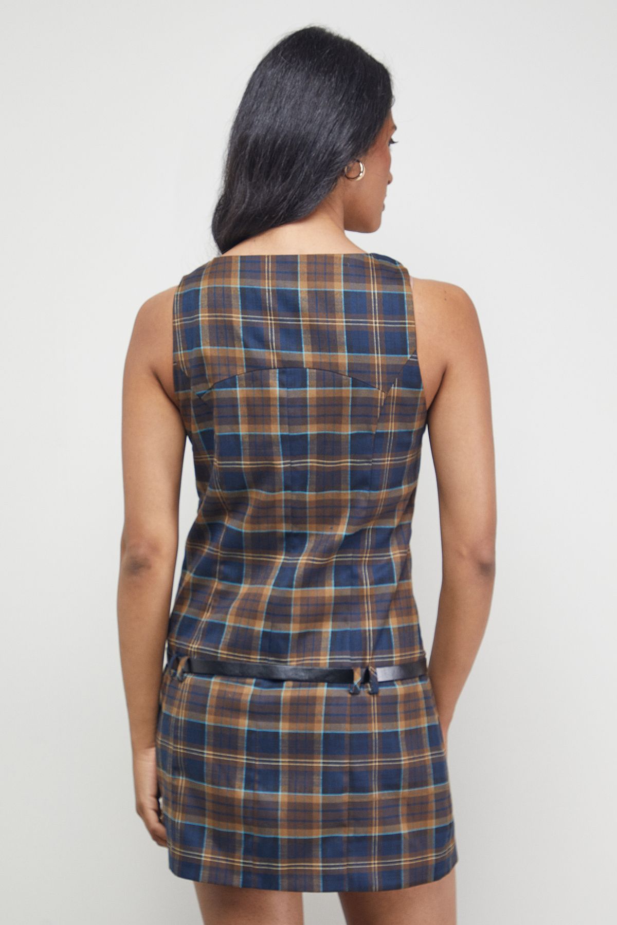 Warehouse Check V Neck Belted Pinafore Mini Dress Brown image 3