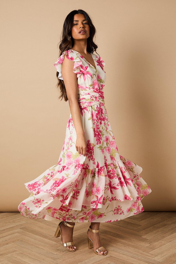 Oasis Petite Printed Twist front Detail Tiered Midi Dress Ivory