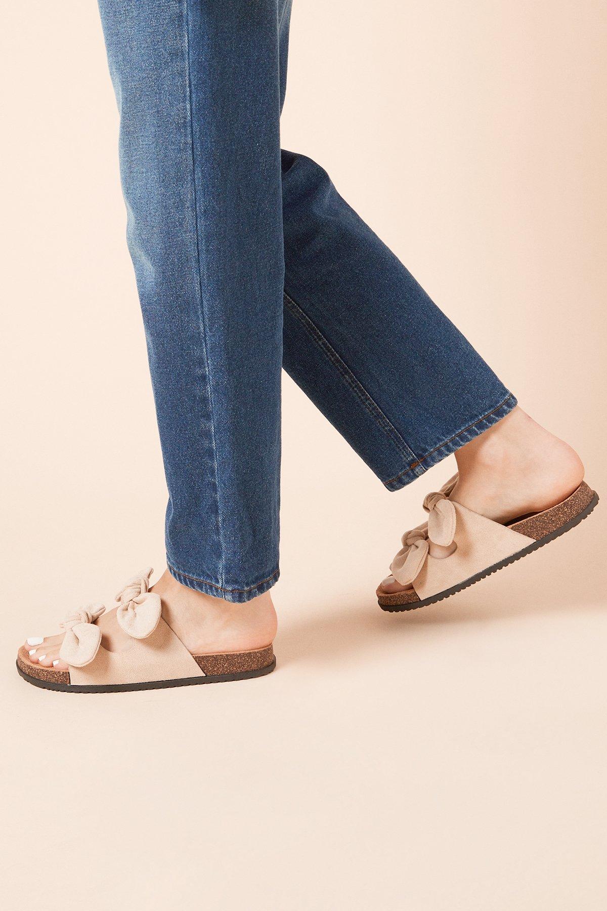 Dorothy Perkins Bryony Faux Suede Double Bow Footbed Sandals Beige image 3