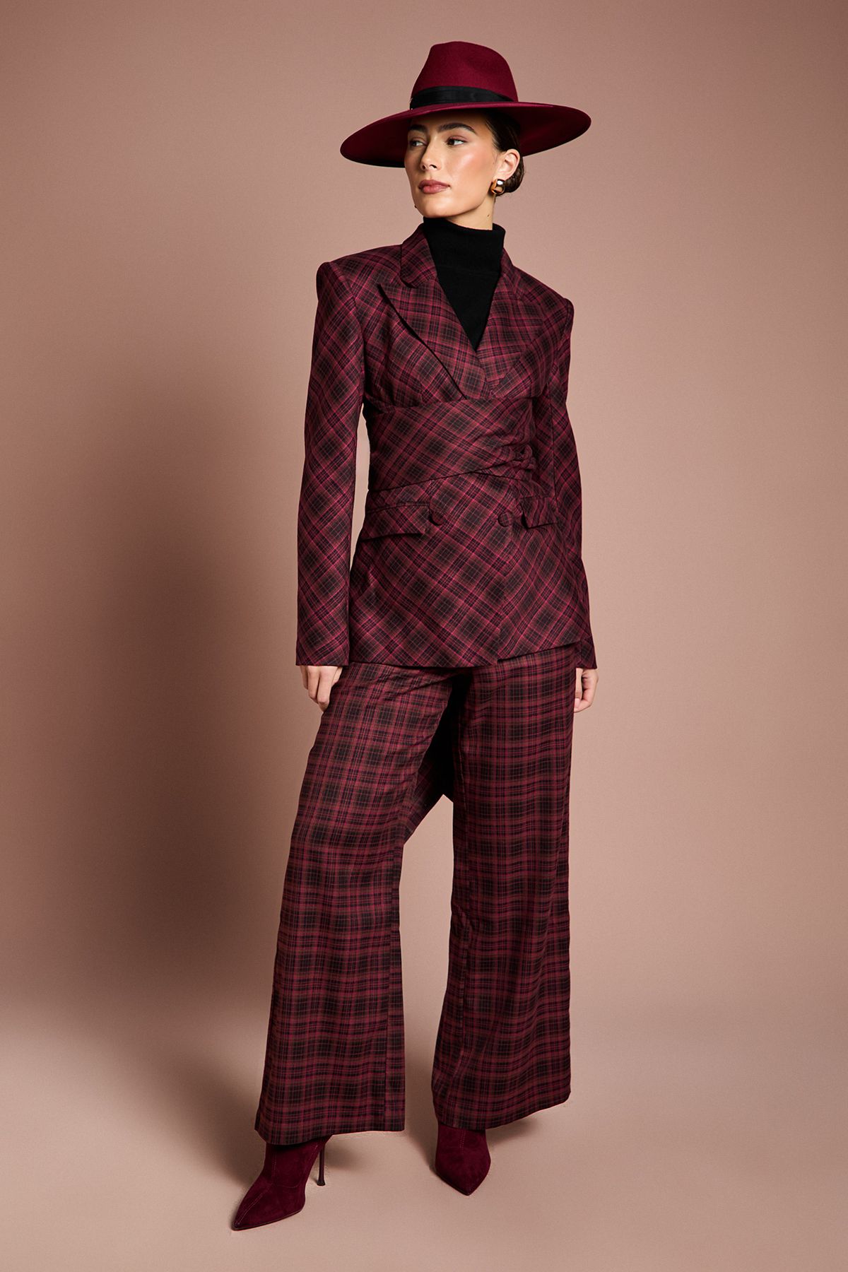 Coast Lisa Tan Premium Check Wrap Front Blazer Berry image 4