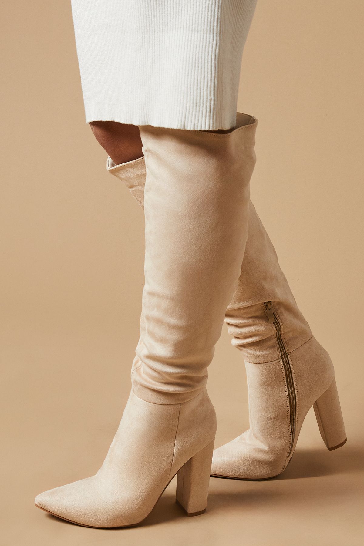 Oasis Kenia Faux Suede High Block Heel Pointed Knee Boot Beige image 2