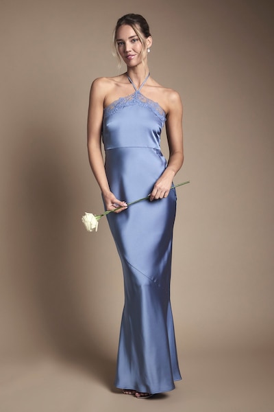 Oasis Lace Trim Halter Satin Maxi Bridesmaid Dress Blue