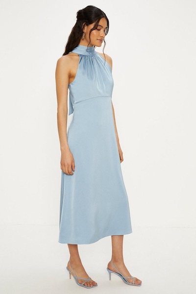 Oasis Satin Halter Neck Midi Bridesmaid Dress Blue