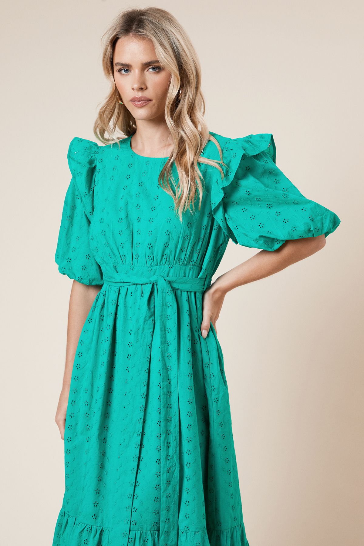 Dorothy Perkins Petite Cutwork Ruffle Puff Sleeve Midi Dress Green image 2