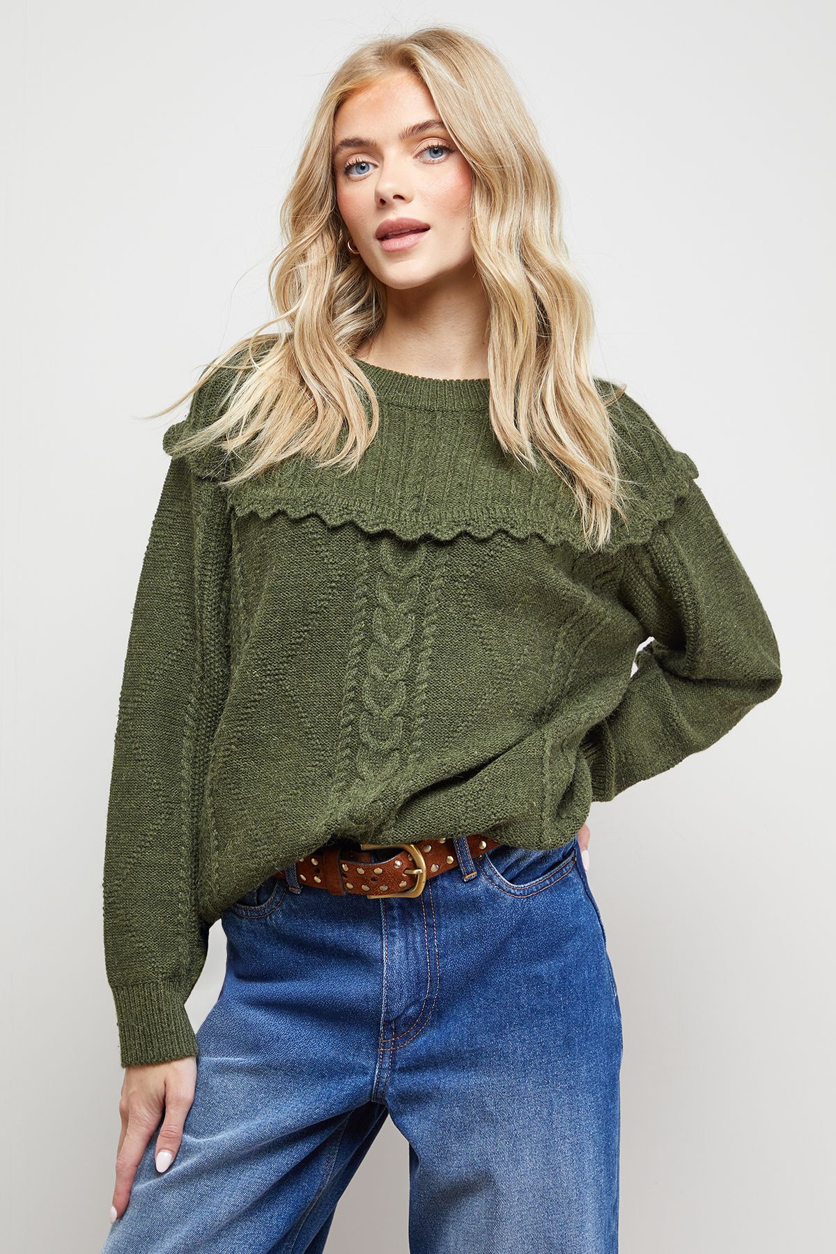 Oasis Cable Knitted Crochet Trim Detail Jumper Khaki image 4