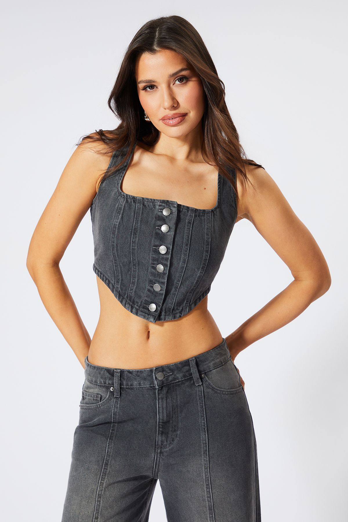 MissPap Button Down Denim Corset Top Grey image 2