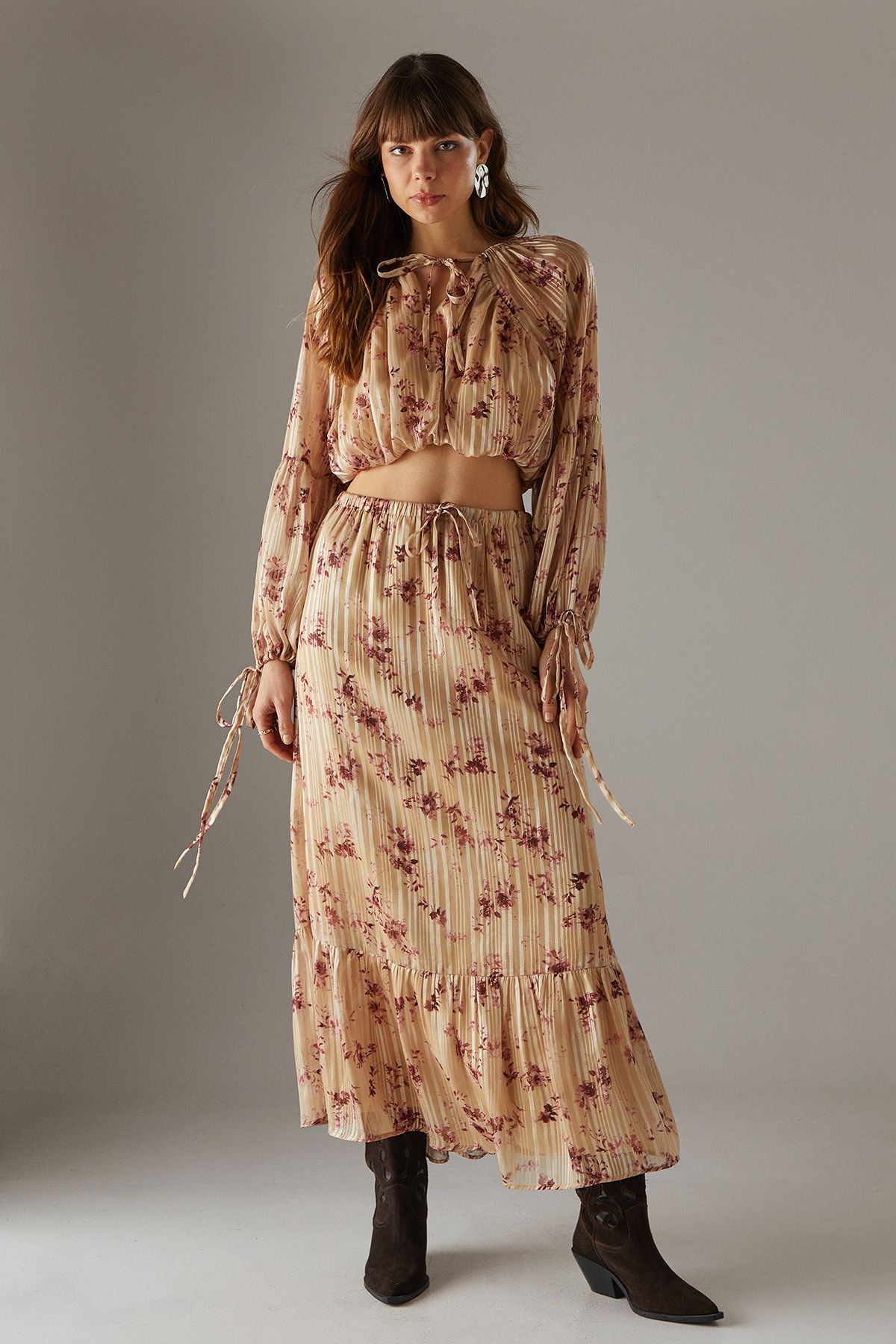 Warehouse Shadow Stripe Cropped Bubble Hem Boho Blouse Floral image 2