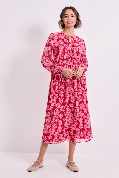 Dorothy Perkins Pink Daisy Tie Neck Frill Detail Trapeze Printed Midi Dress Pink