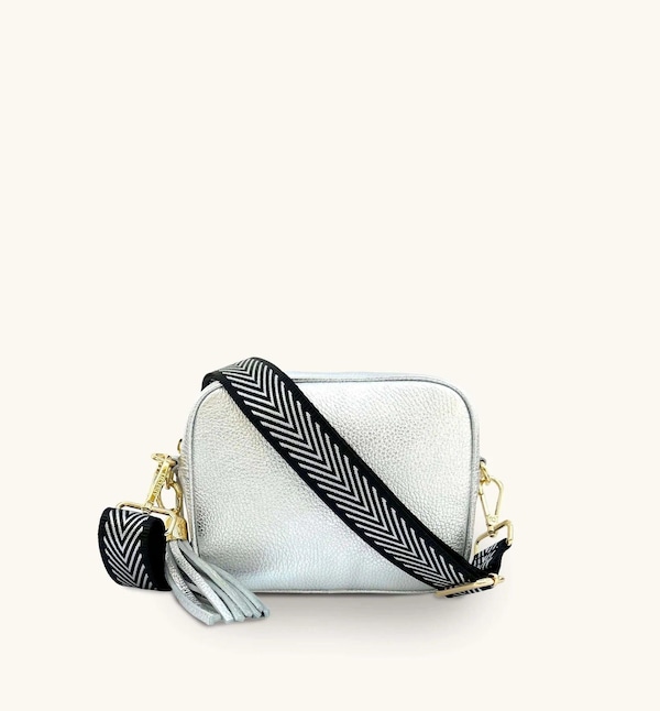 Apatchy London Silver Leather Crossbody Bag With Black & Silver Chevron Strap