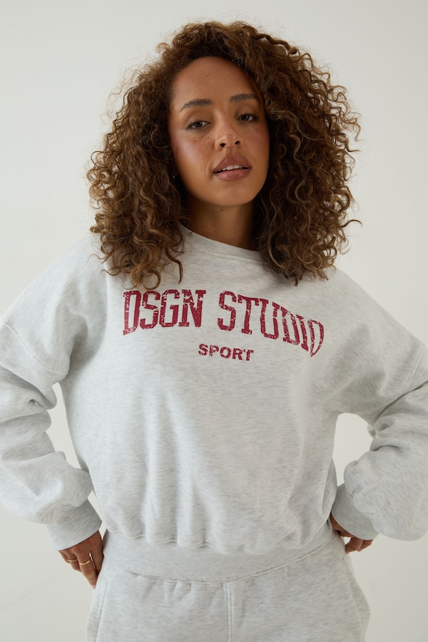 DSGN Studio DSGN Studio Collegiate Printed Balloon Sleeve Crew Neck Sweatshirt Ash Grey