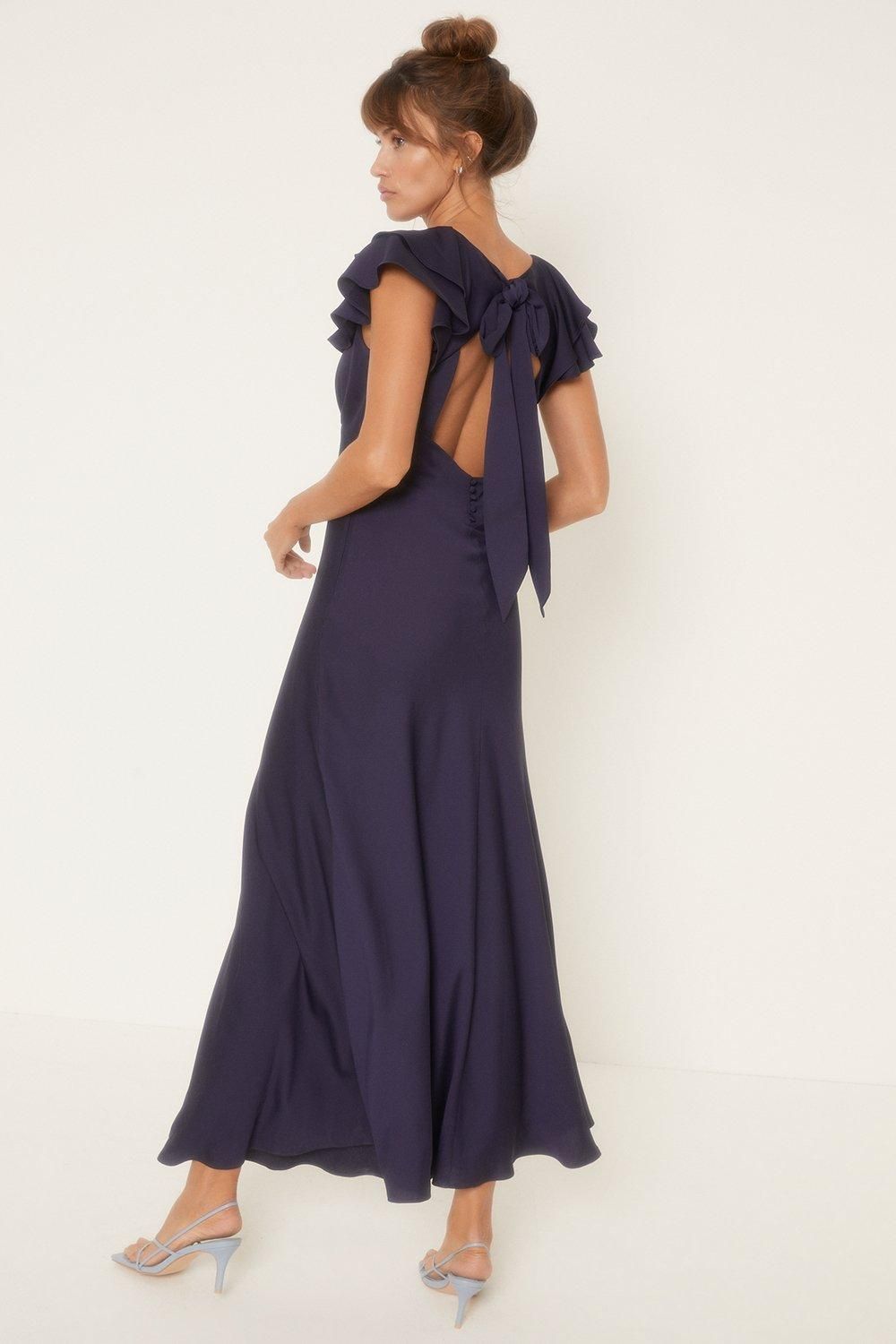 Oasis Frill V Neck Satin Bias Midaxi Dress Navy image 3