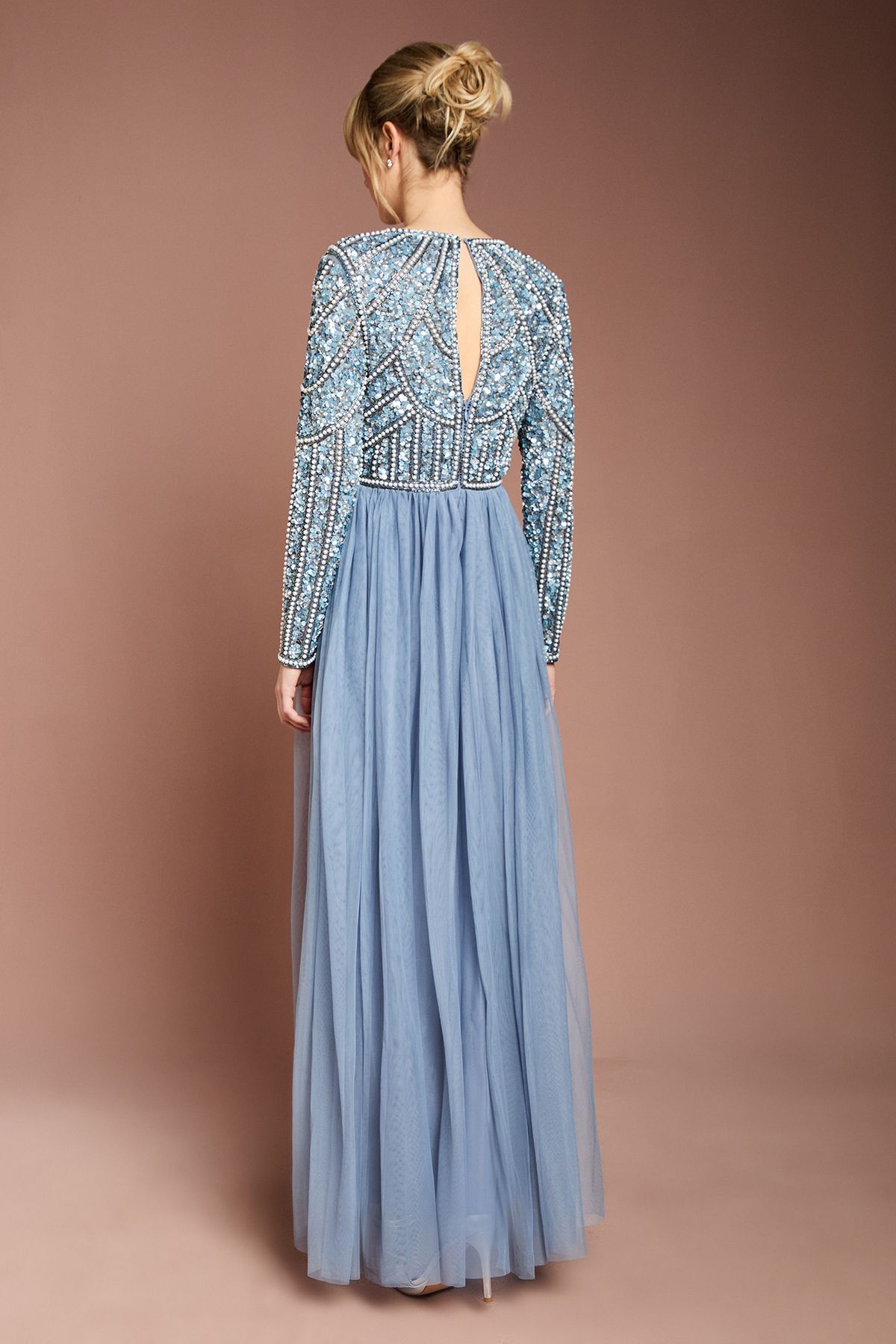Coast Coast Honoured Long Sleeve Sequin Bodice Tulle Skirt Maxi Bridesmaid Dress Dusty Blue image 3