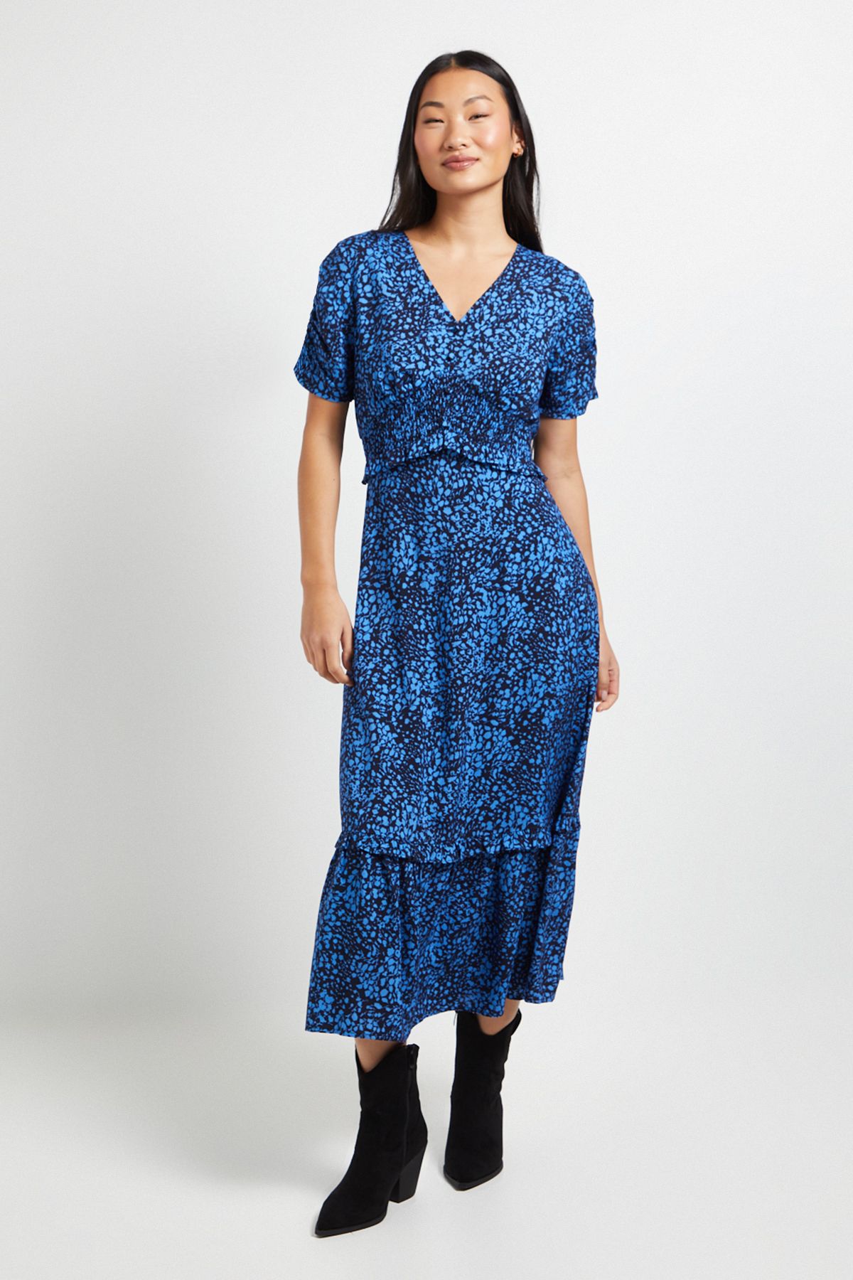 Dorothy Perkins Petite Shirred Empire Waist Midi Dress Blue