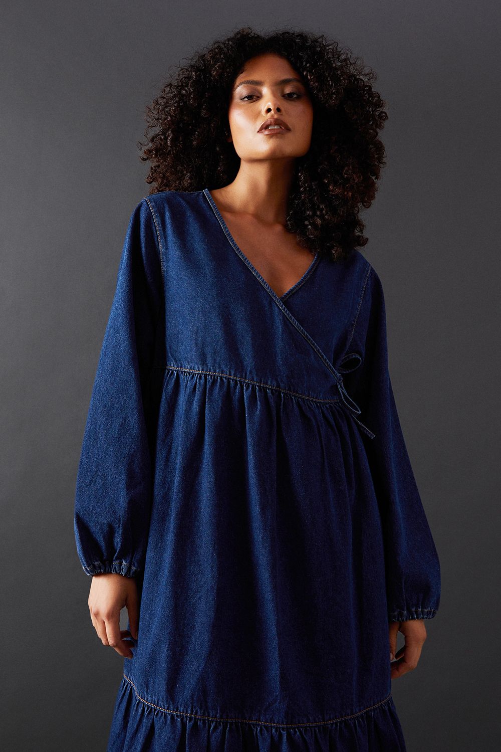 Warehouse Denim Wrap Midi Smock Dress Dark Wash image 4