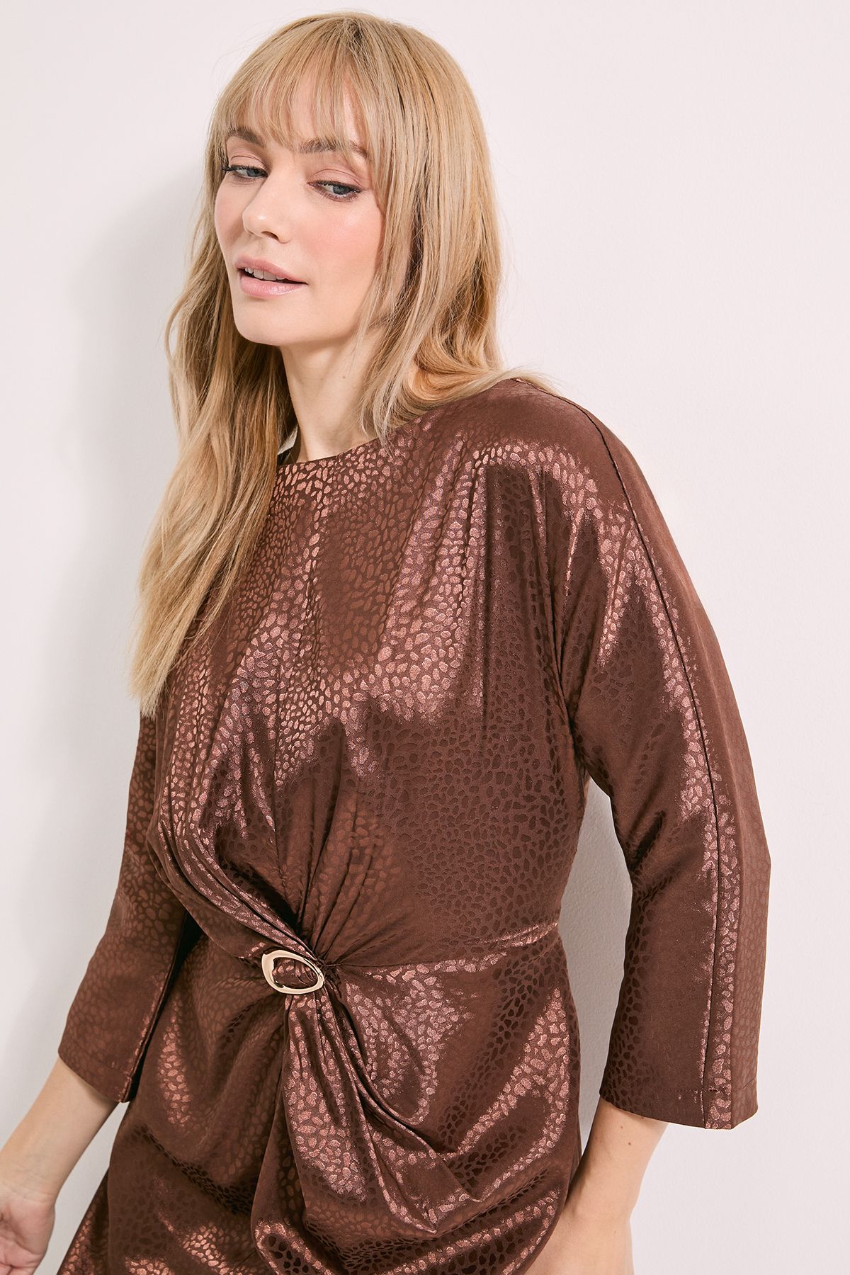 Principles Buckle Detail Twist Front Satin Jacquard Midi Dress Brown image 4