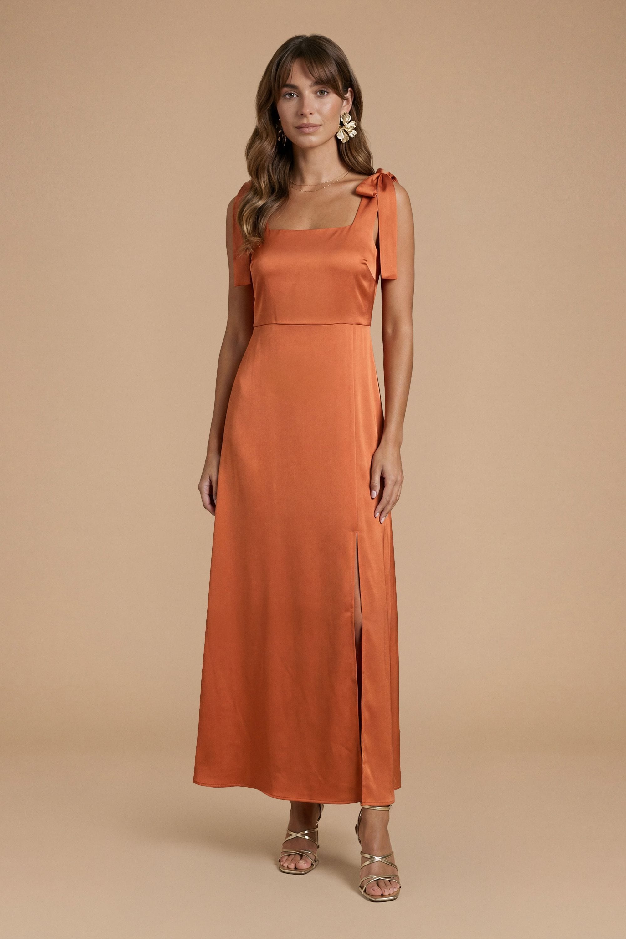 Oasis Rust Satin Tie Shoulder Midi Bridesmaid Dress Rust