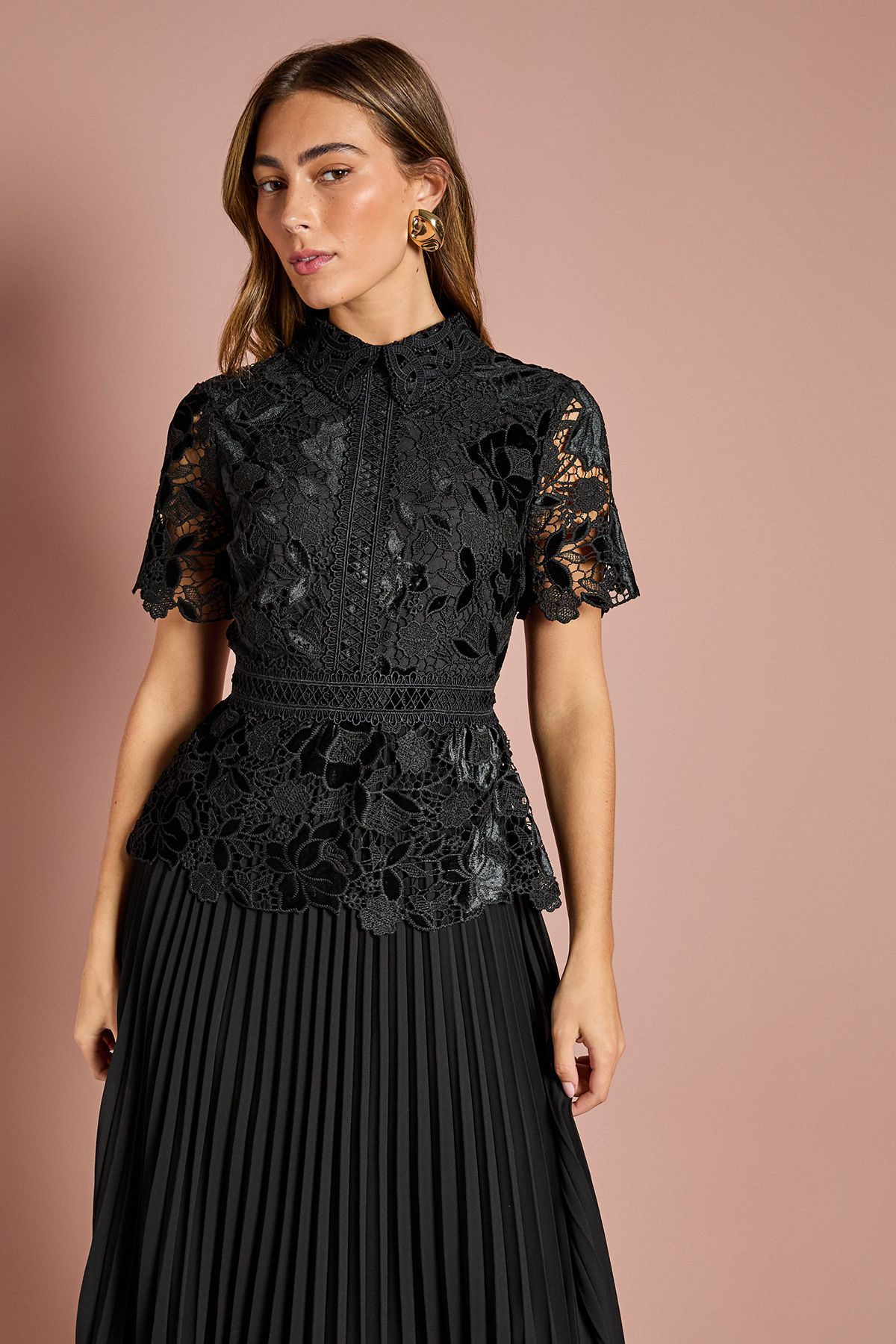Coast Velvet Cutwork Lace Midi Dress With Contrast Collar Black image 2