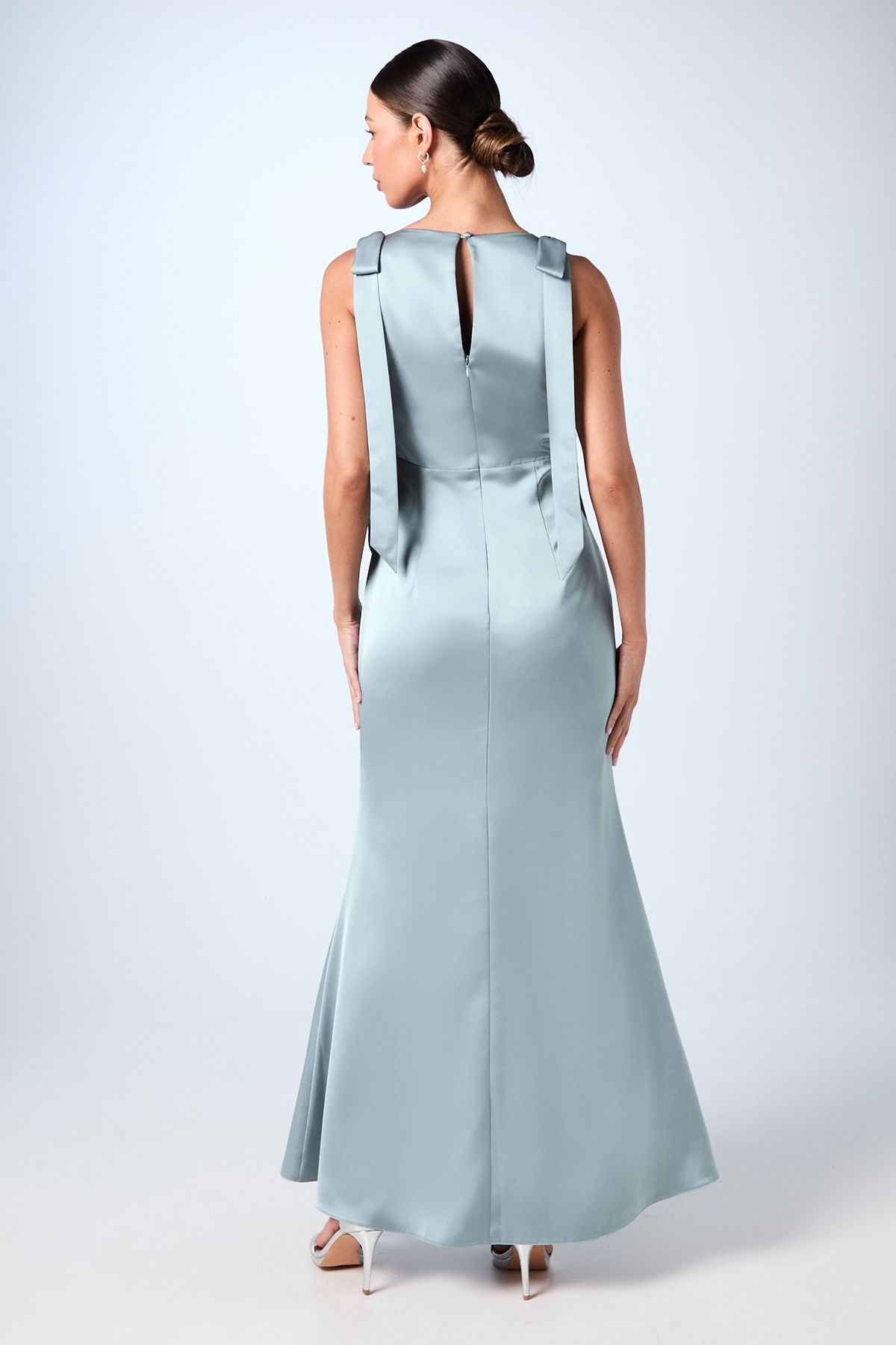 Coast Coast Honoured Sleeveless High Neck Tie Shoulder Satin Maxi Bridesmaid Dress Dusty Blue image 3