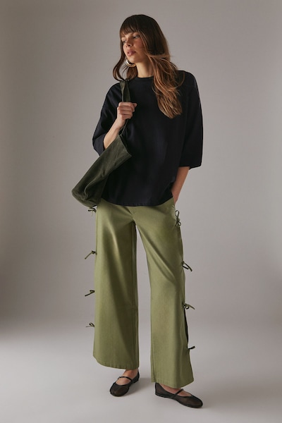 Warehouse Tie Side Wide Leg Trousers Khaki