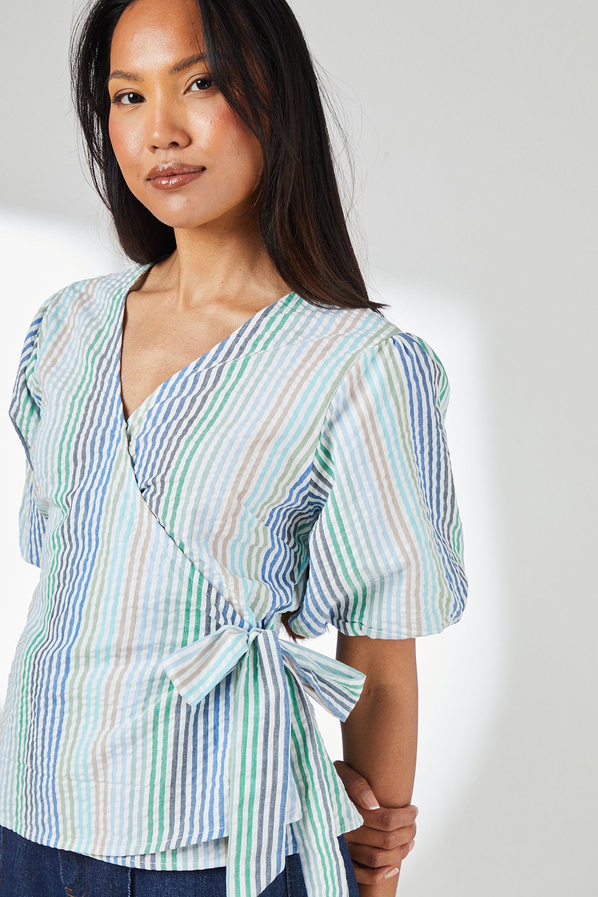 Principles Green Stripe Puff Sleeve Wrap Top Green image 4
