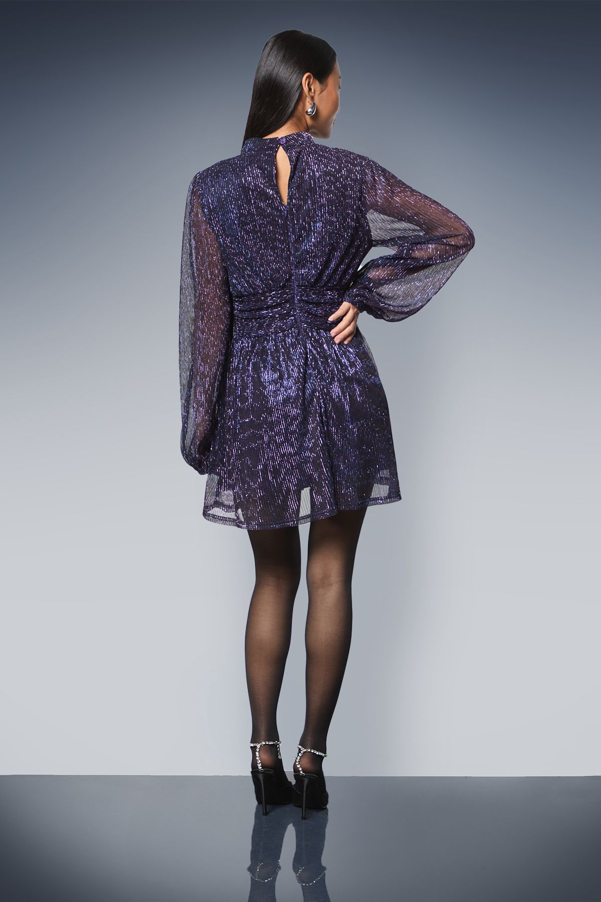 Dorothy Perkins Petite DP Luxe Sparkle Plisse Jersey High Neck Mini Dress Purple image 3