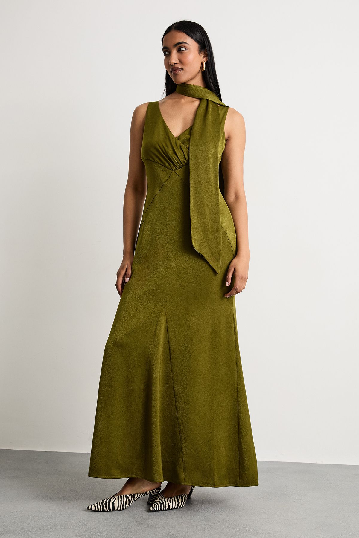 Warehouse Plain Scarf Detail Tie Neck Maxi Dress Olive image 1
