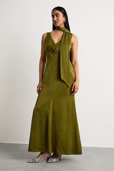 Warehouse Plain Scarf Detail Tie Neck Maxi Dress Olive