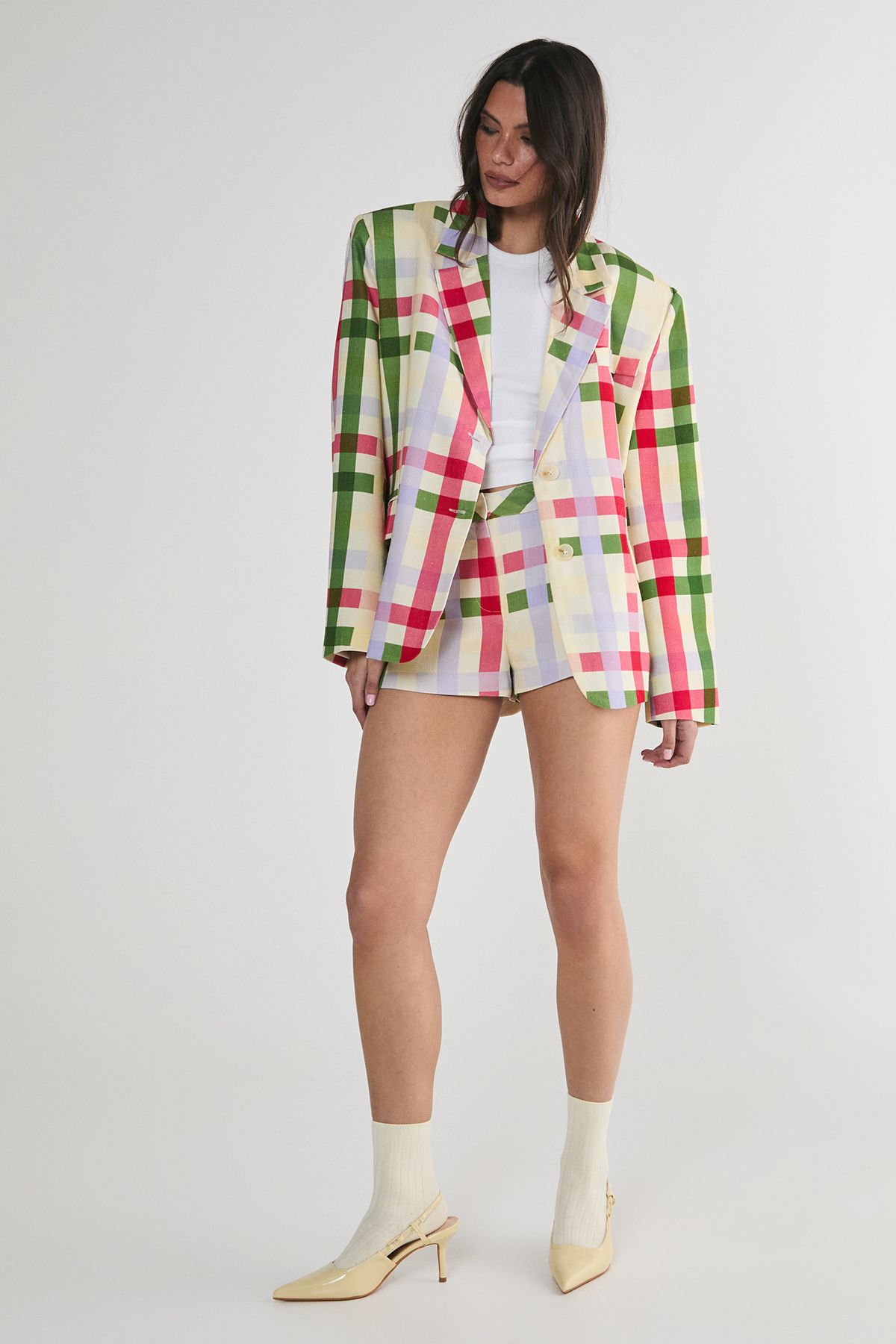 NastyGal Linen Mix Gingham Oversized Blazer Multi image 2