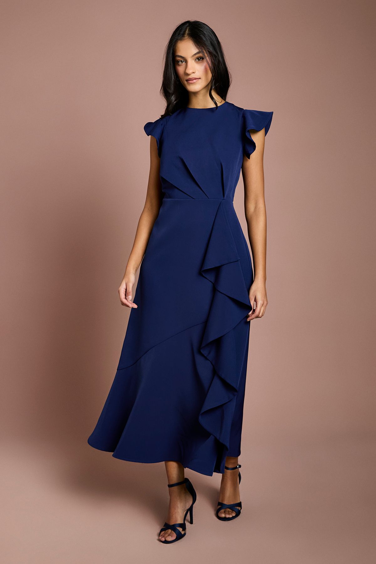 Coast Petite Ruffle Detail Midi Dress Navy